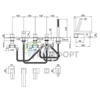 Смеситель для ванны Fantini AR/38 на борт хром: 5 отверстий, излив 160 мм, без ручек (38 02 5365S) - фото 2
