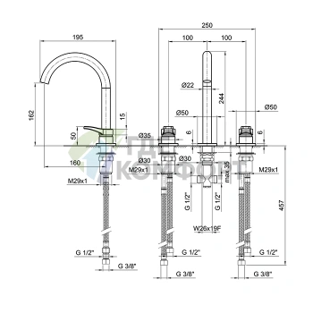 Смеситель для раковины Fantini AL/23 хром: компактный излив 160 мм, 3 отверстия (26 02 B204WF) - фото 2