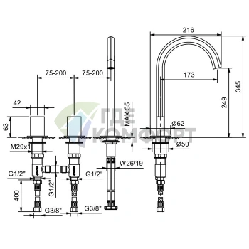 Смеситель для раковины Fantini Venezia с донным клапаном, 3 отверстия, матовое золото (29 P6 N504S) - фото 2