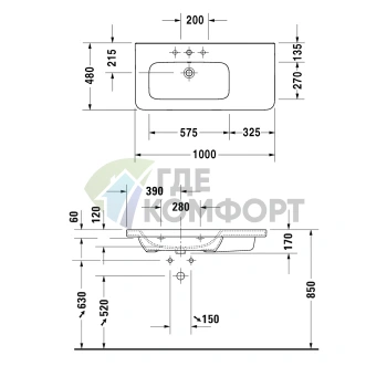 Раковина Duravit DuraStyle асимметричная с 3 отверстиями для мебели (2325100030) - фото 2