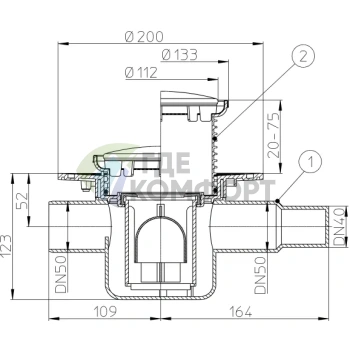 Трап HL300R с круглой решеткой 112x112 мм-с обратным клапаном-с дополнительным входом DN50 и горизонтальным выходом DN50/45 - фото 2