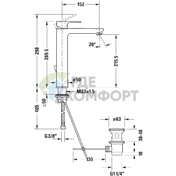Смеситель для раковины Duravit B.3 высокий с донным клапаном, хром (B31030001010) - фото 2