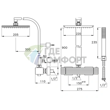 Stella Casanova Термостатический душевой комплект с верхним и ручным душем 3287TM/33 хром (CS 02616 CR00) - фото 2
