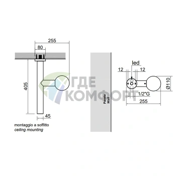 Верхний душ Apollo с LED-подсветкой, потолочный монтаж, матовый черный — Antonio Lupi (APOLLO3.1) - фото 2
