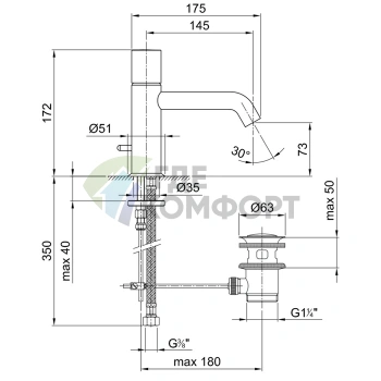 Смеситель для раковины Fantini Nostromo с донным клапаном, хром (50 02 E903F) - фото 2