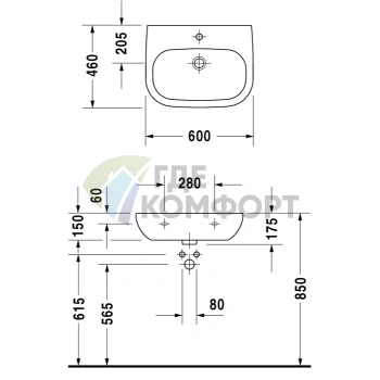 Медицинская раковина Duravit D-Code 600x460 мм без перелива, с одним отверстием под смеситель, белая (23116000002) - фото 2