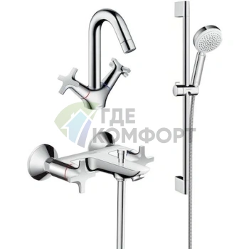 Комплект для ванной Hansgrohe Logis Classic: смеситель для ванны с душем, смеситель для раковины и душевая стойка - фото 1