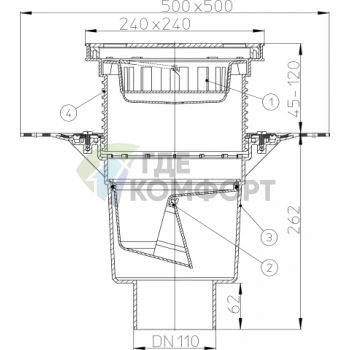 Трап HL616HS с решеткой в подрамнике 226x226 мм-гидроизоляционным полотном и вертикальным выпуском DN110 - фото 3