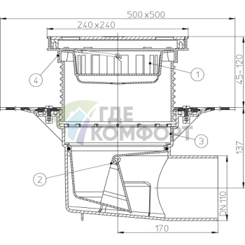Трап HL615HS с решеткой в подрамнике 226x226 мм-гидроизоляционным полотном и горизонтальным выпуском DN110 - фото 3
