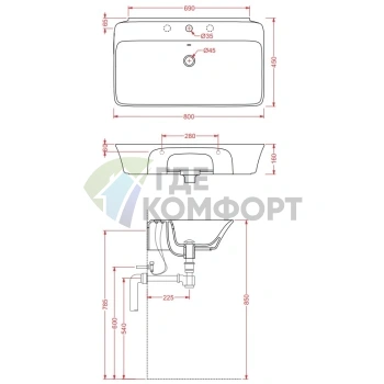 Раковина Artceram Cow подвесная-накладная с 1 отв под смесительитель 80х45см цвет белый - фото 2