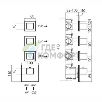 Термостатический смеситель для душа Bossini прямоугольный, на 3-6 выходов, вертикальный монтаж, хром (Z033205.030) - фото 2