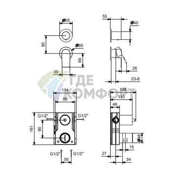 Смеситель для душа Fantini MYO встраиваемый, наружная часть, 2 источника, хром (61 02 V681B) - фото 2