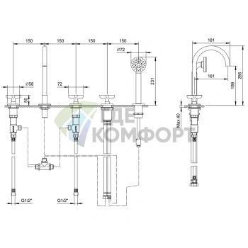 Смеситель для ванны Fantini Icona Classic с ручным душем, на борт, хром (53 02 R065) - фото 2