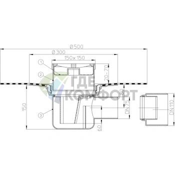 Трап HL72.1 с решеткой 147x147 мм-с сеткой для улавливания мусора-гидроизоляционным полотном и горизонтальным выпуском DN75 - фото 3