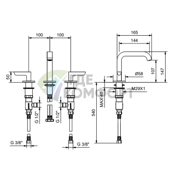 Смеситель для раковины Fantini Icona Deco: оружейная сталь, 3 отверстия, без донного клапана (53 P5 R106W) - фото 2