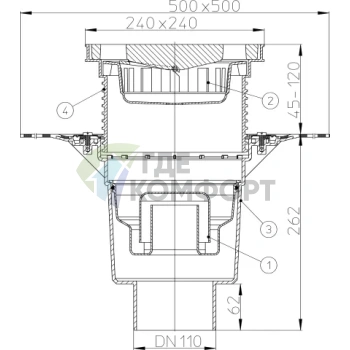 Трап HL616HW с решеткой 226x226 мм-с полимербитумным полотном-грязеуловителем и вертикальным выпуском DN110 - фото 3
