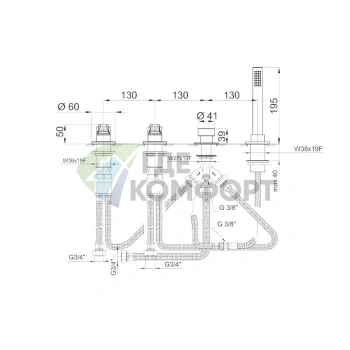 Смеситель Fantini AL/23 для борта ванны, 4 отверстия, без излива, хром (26 02 B267) - фото 2