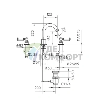 Смеситель для раковины Bossini Liberty на 3 отверстия с поворотным изливом и заглушкой 1 1/4 в золотом цвете (Z001302.021) - фото 2