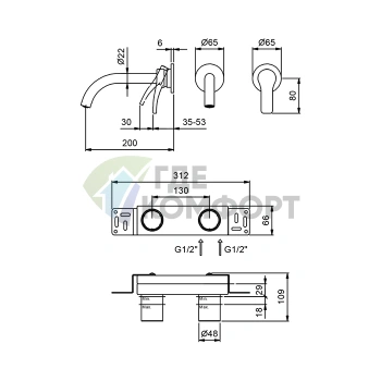 Смеситель для раковины Fantini AL/23 встраиваемый на 2 отверстия, хром (26 02 B813B) - фото 2