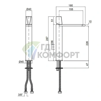 Смеситель для раковины Antonio Lupi Indigo: однорычажный, черная матовая ручка, полированная латунь (ND303OL+MNFNO) - фото 2