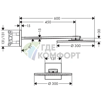 Верхний душ AX ShowerSolution 300 мм с держателем 450 мм, настенный, 2 струи, хром (35303000) - фото 2