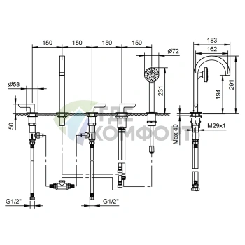Смеситель для ванны Fantini Icona Deco с ручным душем, хром (53 02 R165) - фото 2