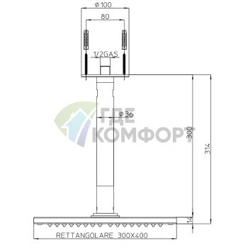Верхний душ BOSSINI DREAM-RECTANGULAR 400x300 мм с держателем 300x36 мм, сатинированная сталь (H35370.075) - фото 2