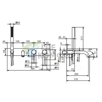 Встраиваемый смеситель Fantini Nostromo для ванны с ручным душем и изливом 200 мм (хром) (50 02 E821B) - фото 2