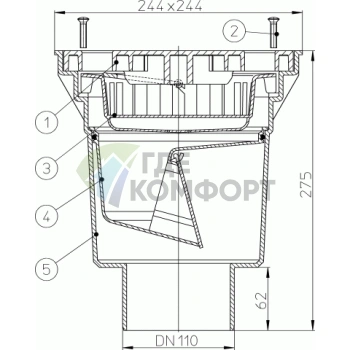 Трап HL606L с пластиковой решеткой 226x226 мм-незамерзающим запахозапирающим устройством и вертикальным выпуском DN110 или DN60 - фото 3