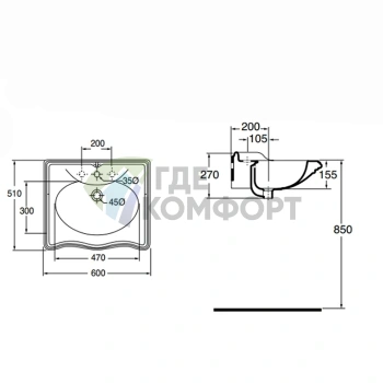 AZZURRA JUBILAEUM раковина со спинкой 60*51см с 1 отв под смеситель, цвет белый - фото 2