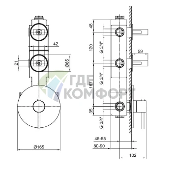 Термостатический смеситель для душа Fantini Venezia на 2 источника (встраиваемый, хром) (29 02 N202SB) - фото 2