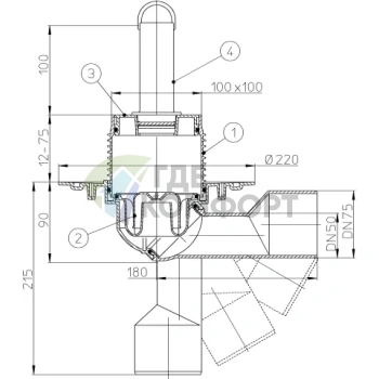 Трап HL80.2 с решеткой 100x100 мм с переливным стояком и выпуском в виде поворотного шарнира от 0° до 90° - фото 3