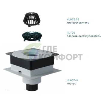 Кровельная воронка HL63P с листвоуловителем и теплоизоляцией - фото 2