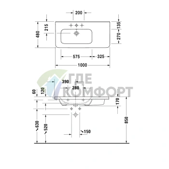 Стильная асимметричная раковина Duravit DuraStyle для мебели без перелива с тремя отверстиями под смеситель (2325100044) - фото 2