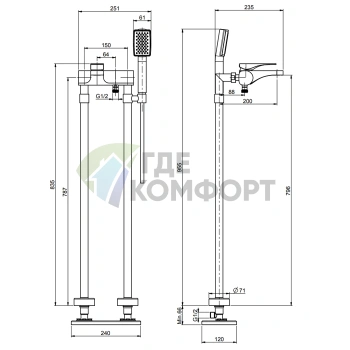 Напольный смеситель для ванны FIMA|Carlo Frattini Quad с душевым комплектом, черный матовый (F3724/4NS) - фото 2