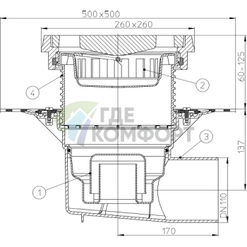 Трап HL615.1HW с решеткой 226x226 мм-с гидроизоляционным полотном-грязеуловителем и горизонтальным выпуском DN110 - фото 3