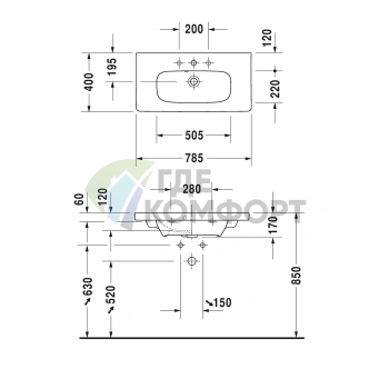 Раковина Duravit DuraStyle встраиваемая компактная 785x400 мм, белая, с 3 отв. под смеситель (2337780030) - фото 2