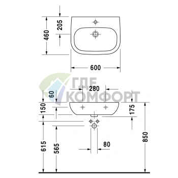 Медицинская раковина Duravit D-Code 600x460мм без перелива и отверстия, белая (23116000702) - фото 2
