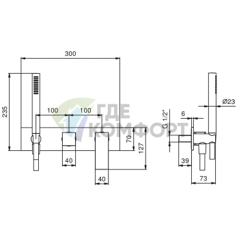 Встраиваемый смеситель для душа Fantini Mint на 2 выхода с ручным душем, нержавеющая сталь (34 93 F784B) - фото 2