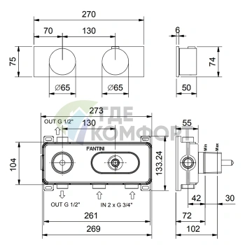 Термостатический смеситель FANTINI AF/21 для встраивания с переключателем и отделкой матовая натуральная сталь (27 93 A972B) - фото 2