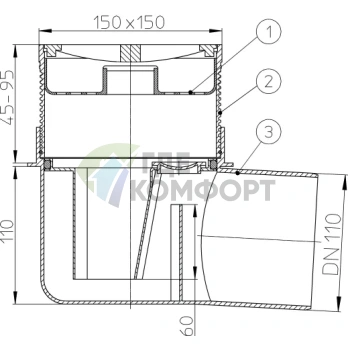 Трап HL72 с решеткой 147x147 мм-с сеткой для улавливания мусора-с горизонтальным выпуском DN110 - фото 3