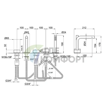 Смеситель для ванны Fantini AF/21 с ручным душем, 5 отверстий, цвет Matt Copper PVD (27 P9 A265) - фото 2