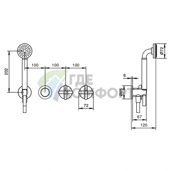 Смеситель для душа Fantini Icona Classic встроенный на 2 выхода с ручным душем хром (53 02 R017B) - фото 2