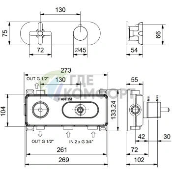 Термостатический смеситель для душа Fantini Icona Classic на 2 источника, 3/4, матовый медь PVD (53 P9 R772B) - фото 2