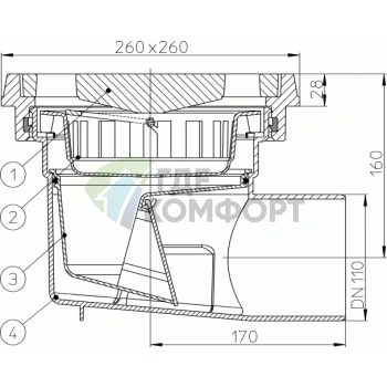 Трап HL605.1 с решеткой 226x226 мм-незамерзающим запахозапирающим устройством и горизонтальным выпуском DN110 - фото 3