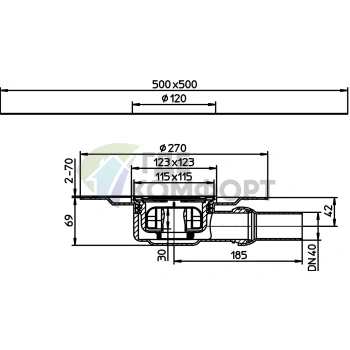 Трап HL90PrD с решеткой 115x115 мм-с сифоном Primus-шарнирным подсоединением-с фланцем из ABS--полимербутным полотном и горизонтальным выпуском DN40 - фото 3