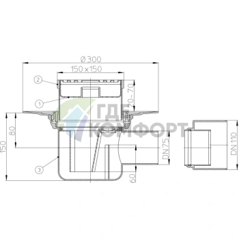 Трап HL72.1N с решеткой 147x147 мм-с сеткой и вертикальным выпуском DN75/110 - фото 3
