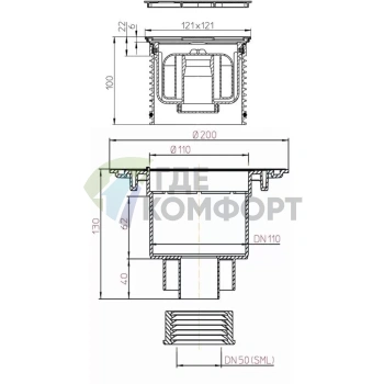 Трап HL310NPr-3000-SML с решеткой 115x115 мм-с сифоном Primus и вертикальным выпуском DN50 манжетой для соединения с SML трубой - фото 3