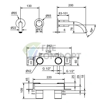 Fantini Nice: Встраиваемый смеситель для раковины на 2 отверстия без донного клапана (излив 200 мм, хром) (65 02 S011SB) - фото 2