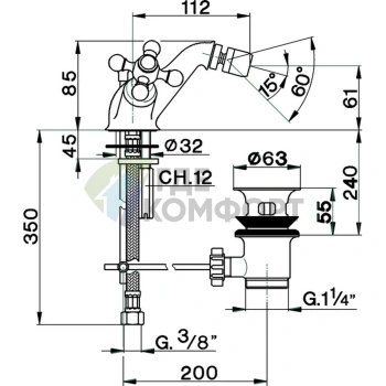 Смеситель для биде CISAL Arcana Ceramic двухвентильный золотой с донным клапаном (AC00055024) - фото 2